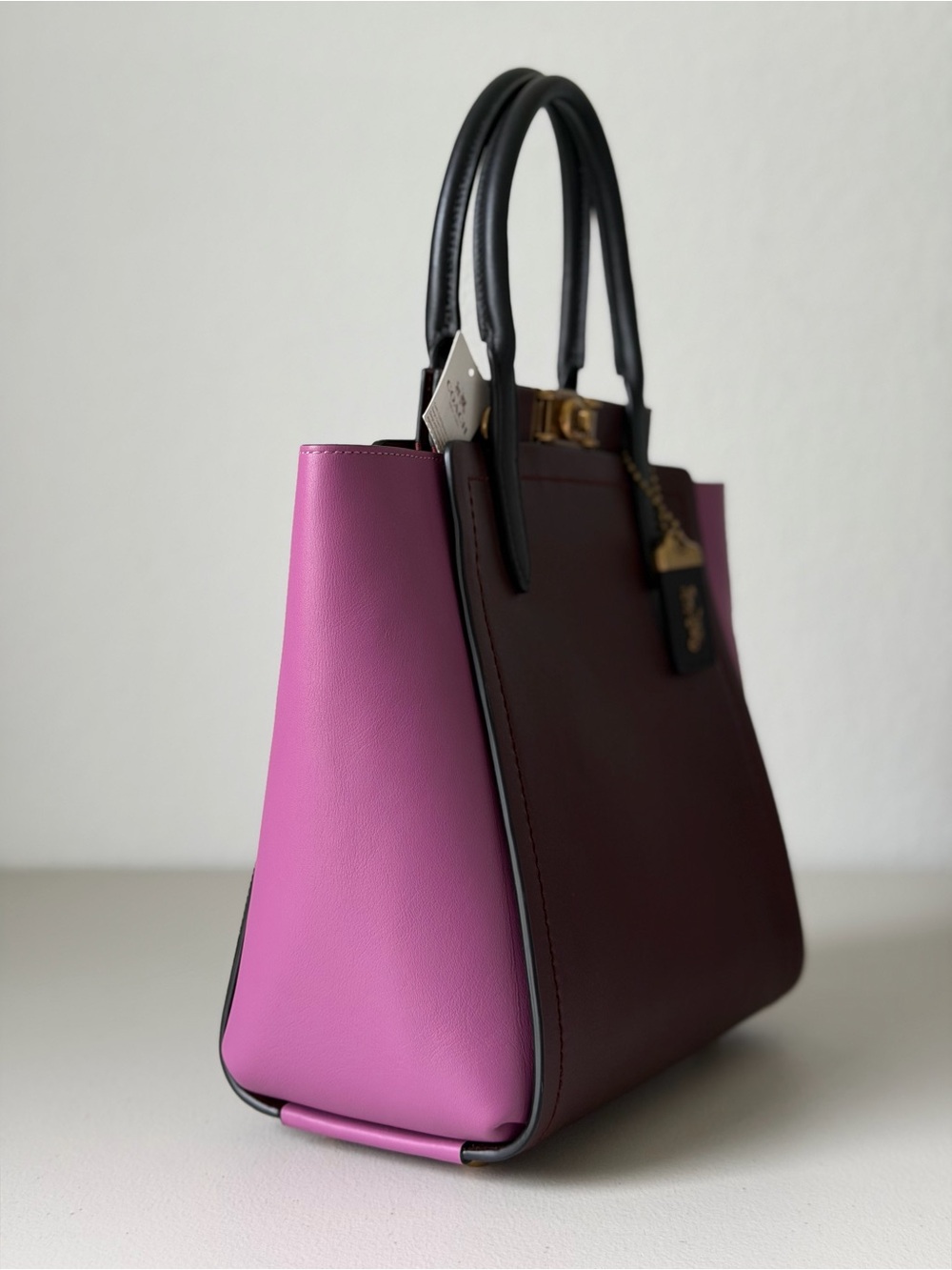 Coach Colorblock Troupe Bag Two-Tone Burgundy and Pink Leather Tote - Picture 6 of 12
